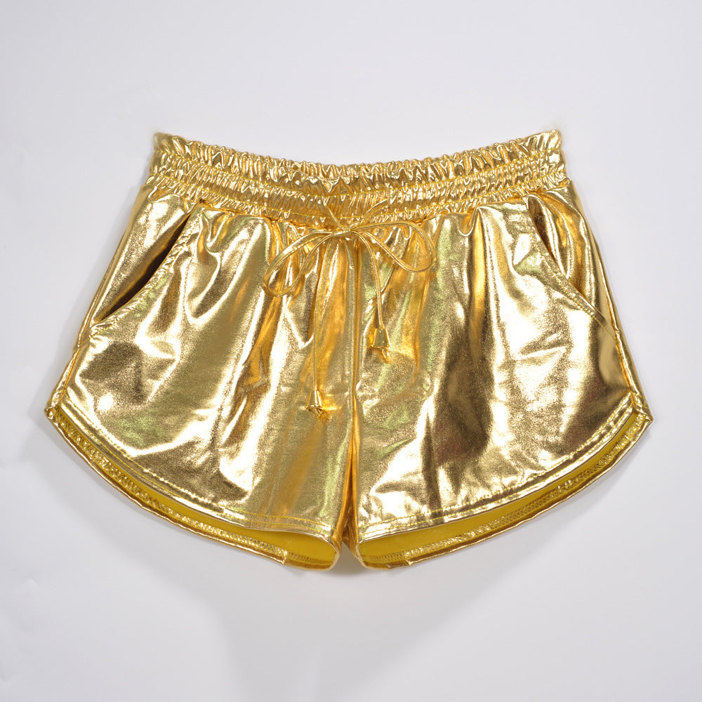 Solid Color Elastic Lace-Up PU Leather Shorts for Women