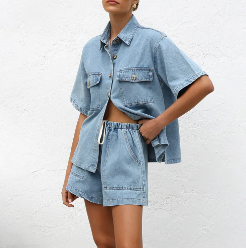 Women's Casual Denim Shirt & Shorts Set