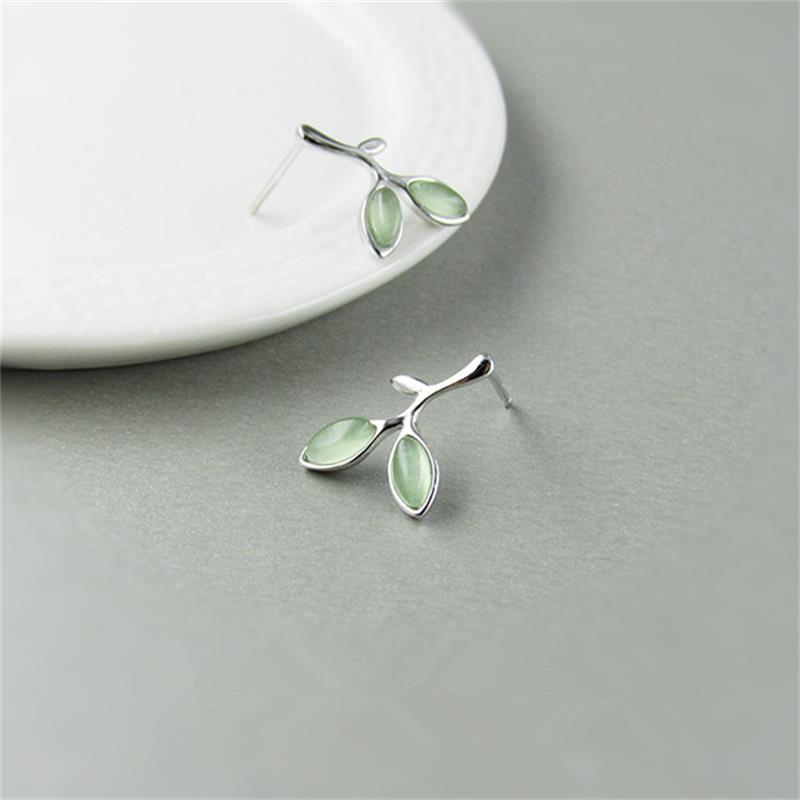 Minimalist Leaf Silver Stud Earrings with Cat's Eye