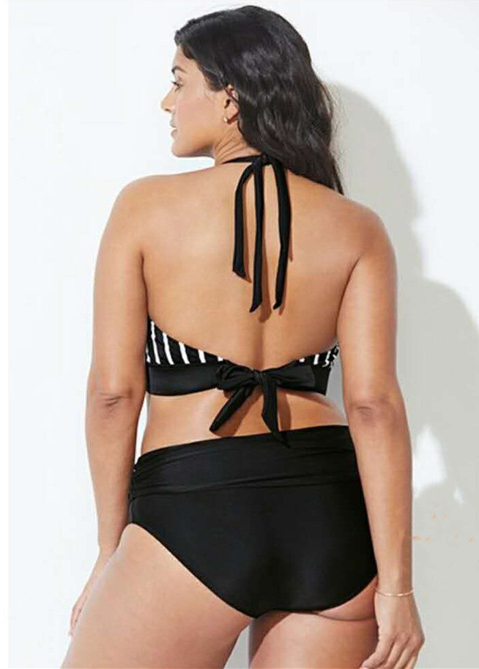 Plus Size High-Waist Striped Bikini Set