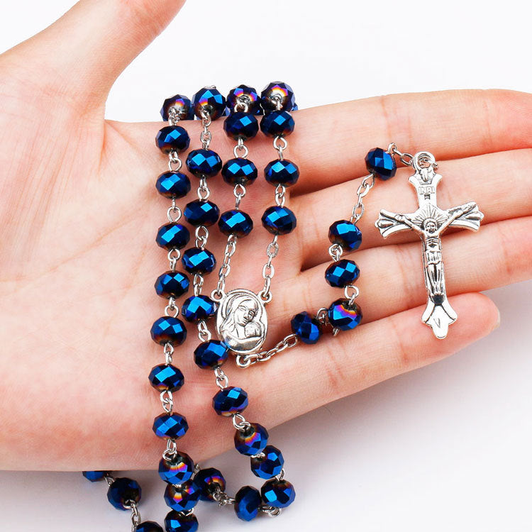 Catholic Beaded Necklace with Purple Glass Crucifix