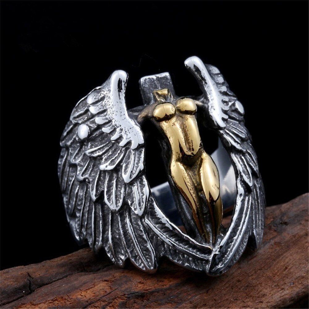 Titanium Steel Men's Vintage Angel Wing Cross Ring