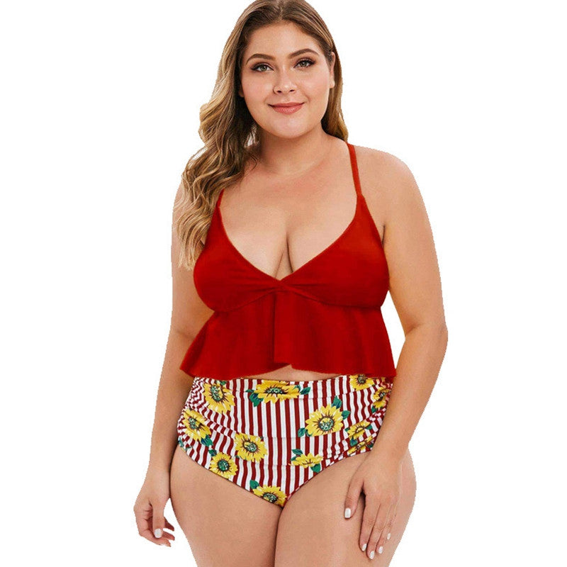 Plus Size Ruffle Tankini with Sunflower High-Waist Bottom