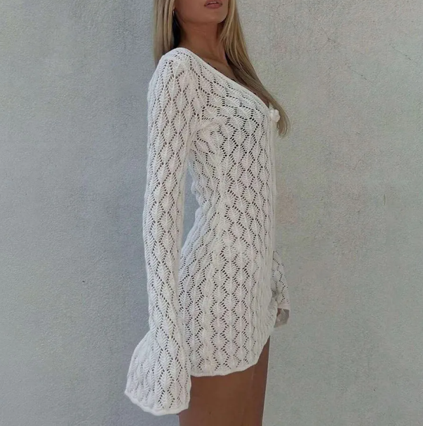Knit Long-Sleeve V-Neck Beach Cover-Up Dress