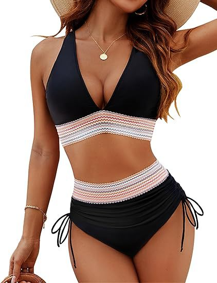 Women's High-Waist Halter Bikini Set with Zigzag Trim
