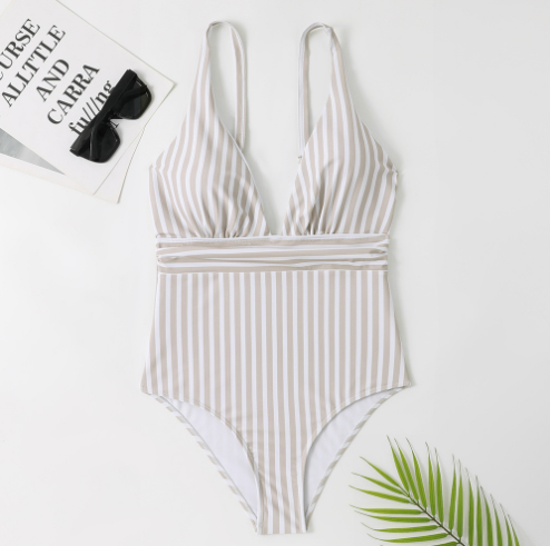 Women's Striped Deep-V Belted One-Piece Swimsuit