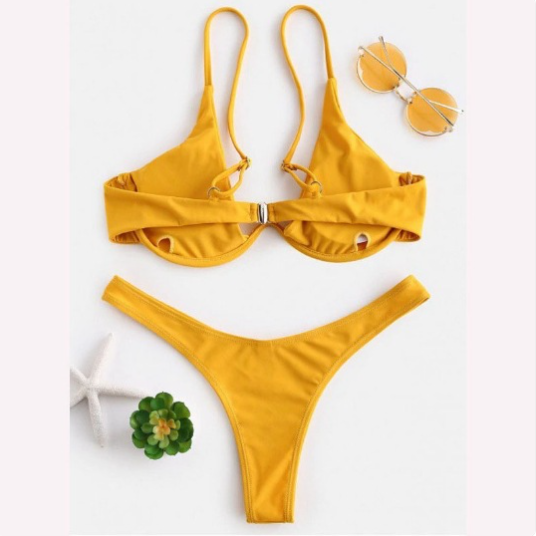 Two-Piece Steel Bracket Solid Color Bikini Swimsuit