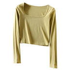 Vintage Square Neck Long Sleeve Crop Top for Women