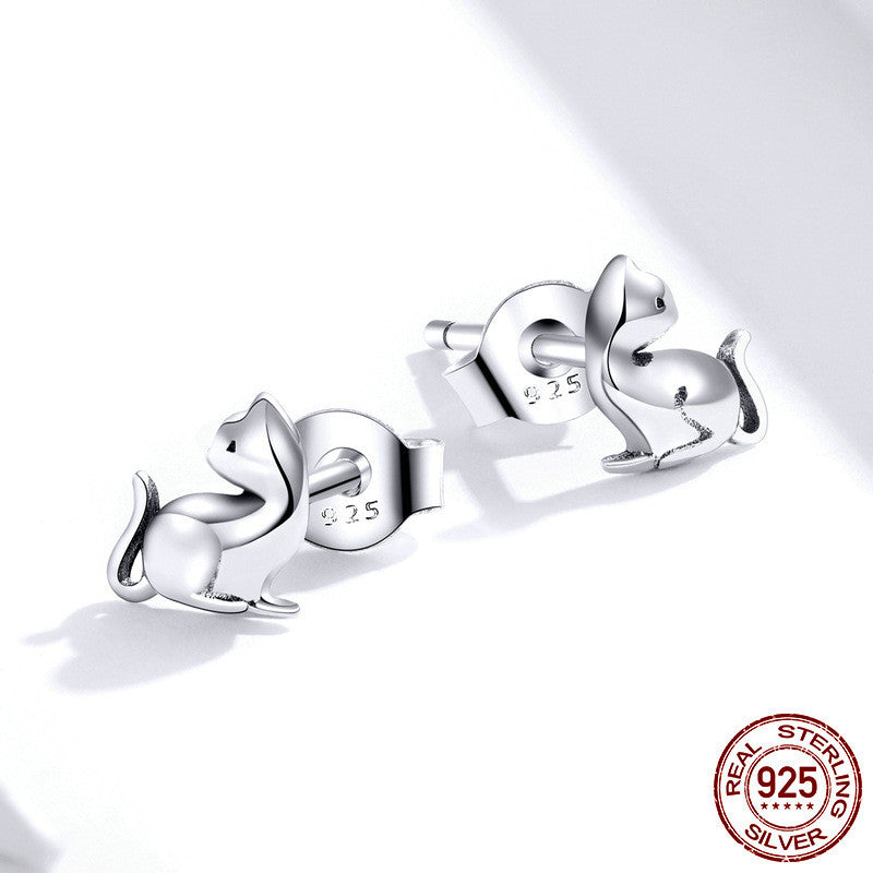 Fashionable Silver Playful Cat Stud Earrings