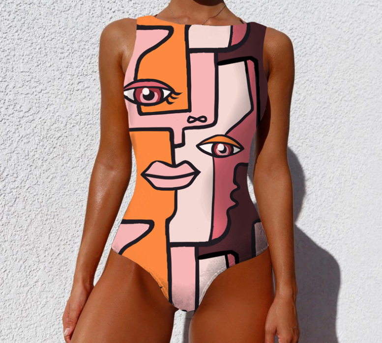Women's Abstract Face Print One-Piece Swimsuit