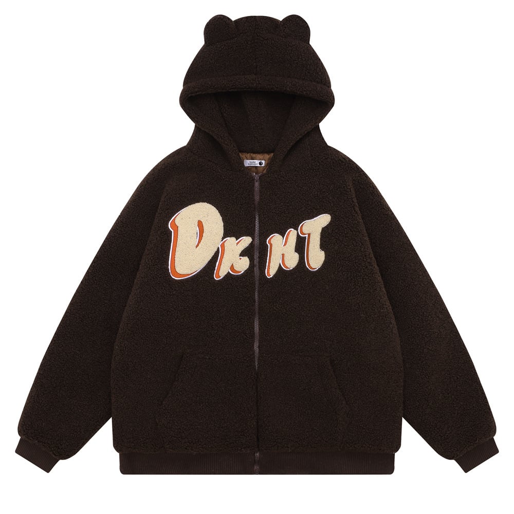 Embroidered Teddy Bear Ear Hooded Wool Coat | Streetwear