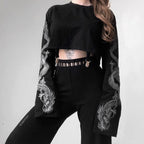 High Neck Printed Long Sleeve T-Shirt, Crop Top