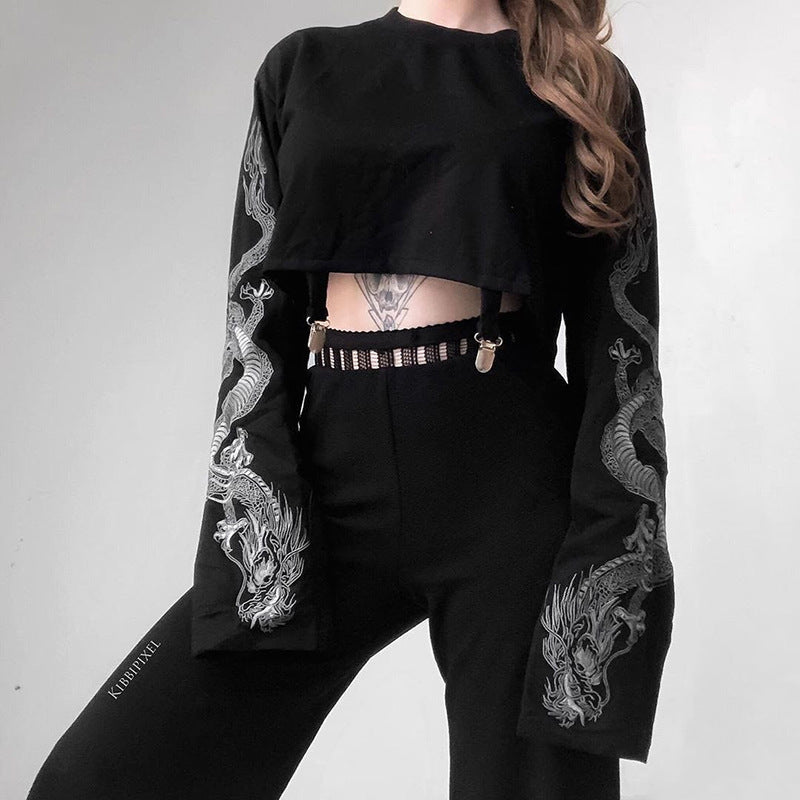 High Neck Printed Long Sleeve T-Shirt, Crop Top