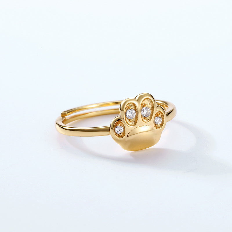 Silver Cute Cat Paw Open Ring with Zircon Design