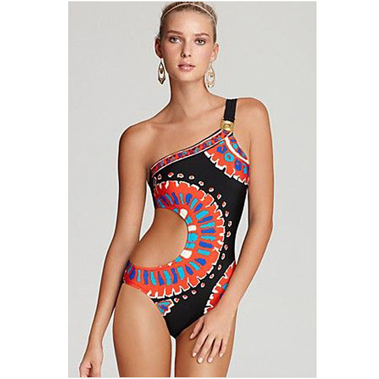 One-Shoulder Cutout Tribal Print One-Piece Swimsuit
