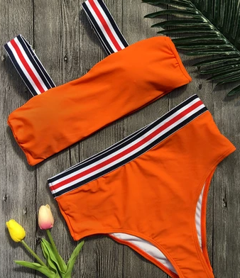 Bandeau Striped-Band High-Cut Two-Piece Swimsuit