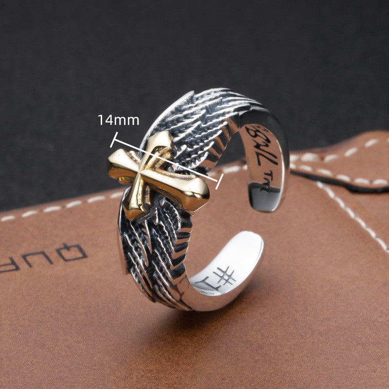 Cross Wings Men's Silver Graffiti Letter Ring