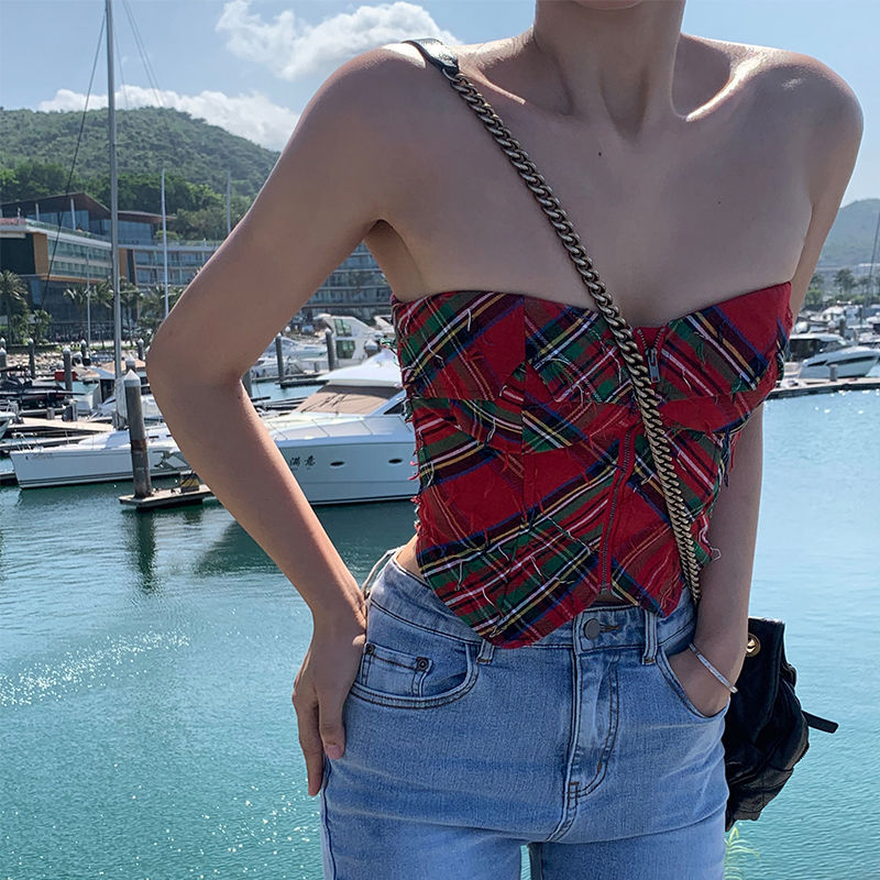 Casual Plaid Crop Top with Tie and Cutout Design