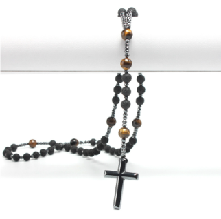 Men's Hematite Cross Rosary Necklace with Stones | Christian Jewelry