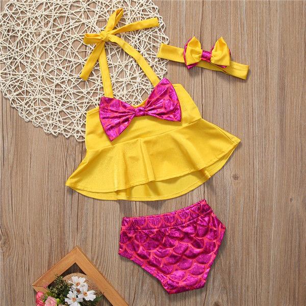 Girls' Ruffle Bow Mermaid-Scale Bikini Set with Headband