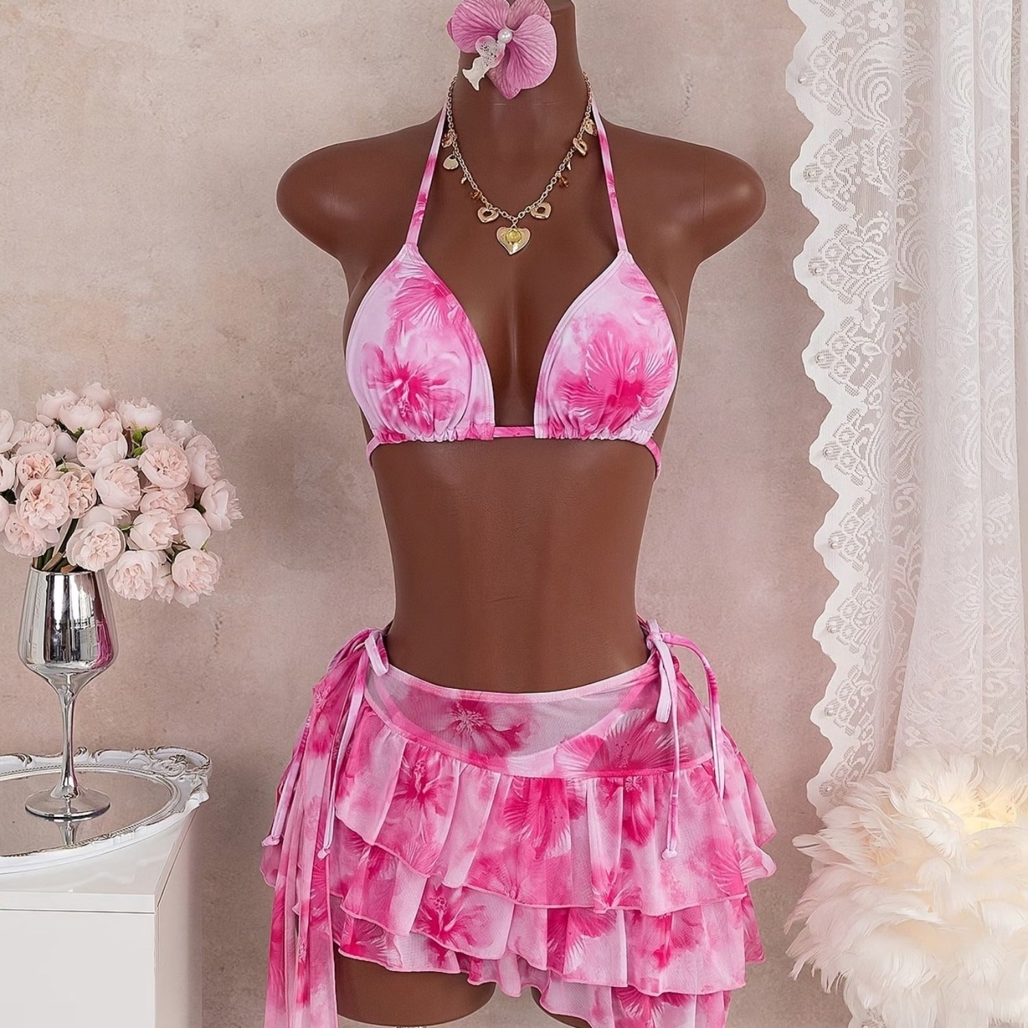 Tie-Dye Bikini Set with Ruffle Skirt