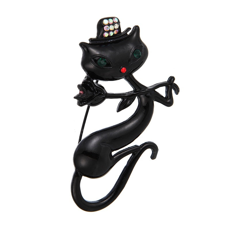 Stylish Korean Black Cat Brooch with Rose Design