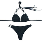 Solid Black Tie-String Halter Bikini Set
