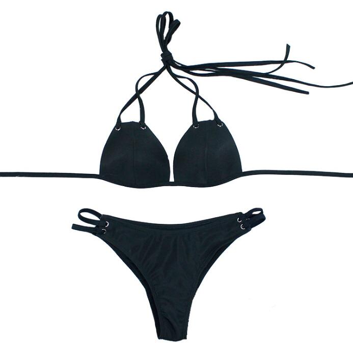 Solid Black Tie-String Halter Bikini Set