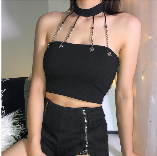 Metal Chain Sexy Off-Shoulder Cropped Top with Long Sleeves