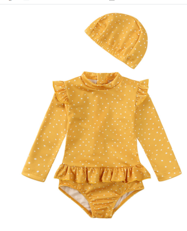 Baby Polka Dot Ruffle Rash Guard Swimsuit with Cap