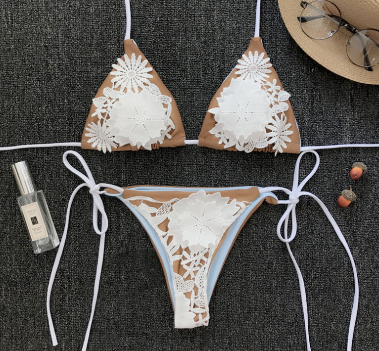 Floral Lace Applique String Bikini Set
