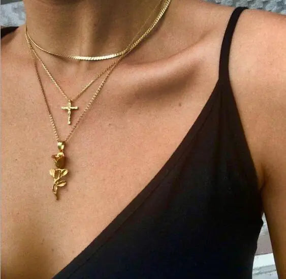 Rose Flower Necklace with Long Metal Snake Chain Cross Pendant | Christian Jewelry