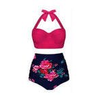 Retro Halter Top with Floral High-Waist Bikini Bottom