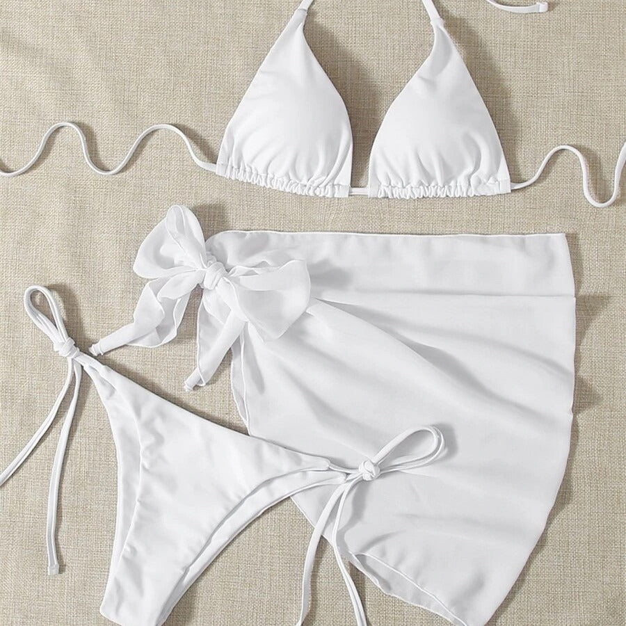 Women's Three-Piece Triangle Bikini Set with Sarong