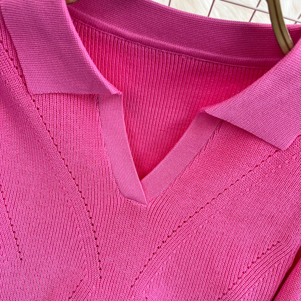 Slim Knitted Long Sleeve Turn Down Collar Crop Top