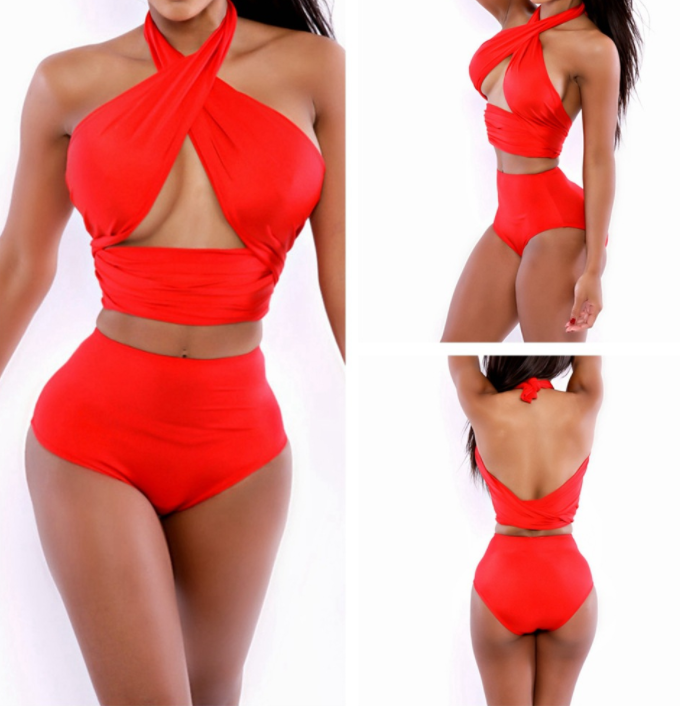 Plus Size Cross-Neck High-Waist Swimsuit Set
