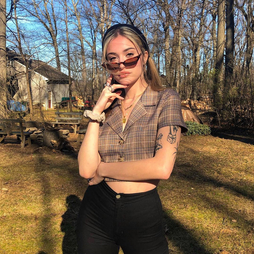 Summer Plaid Crop Top with Button Closure for Women