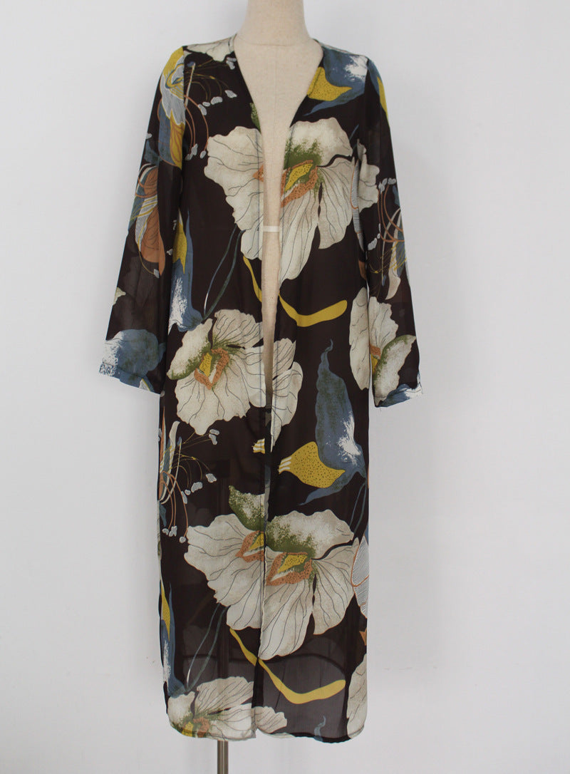 Printed Chiffon Cardigan, Long Beach Cover-Up