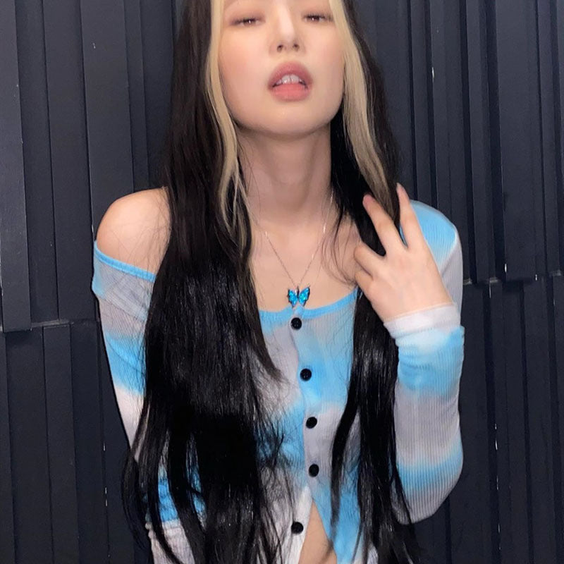 Jennie Style Blue Tie-Dye Long Sleeve Crop Top