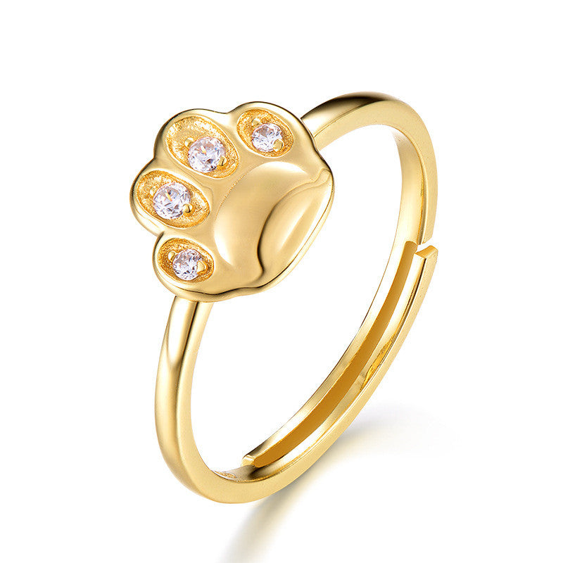 Silver Cute Cat Paw Open Ring with Zircon Design