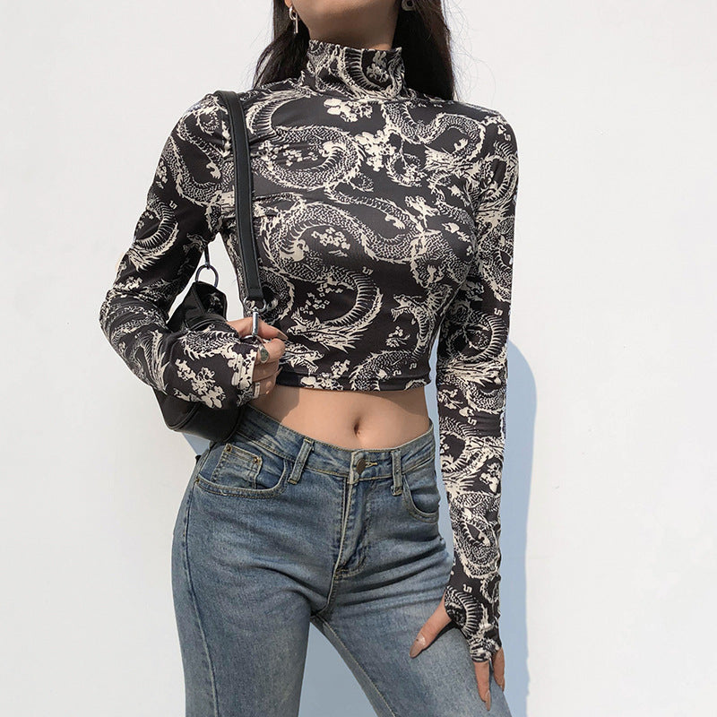 Dragon Print Long Sleeve Crop Top with High Neck