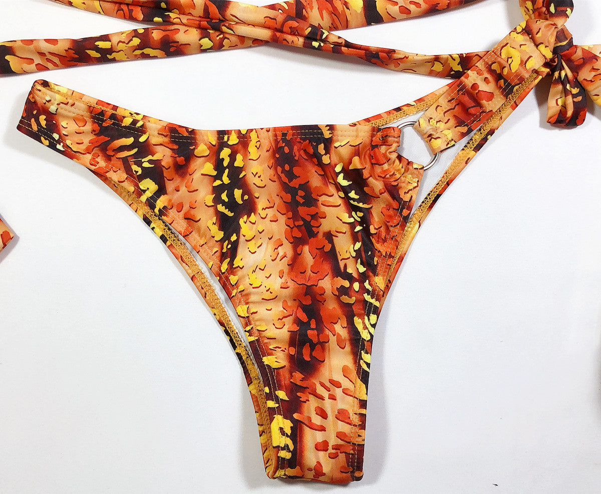 Puff Sleeve Wrap Bikini Set in Leopard Print