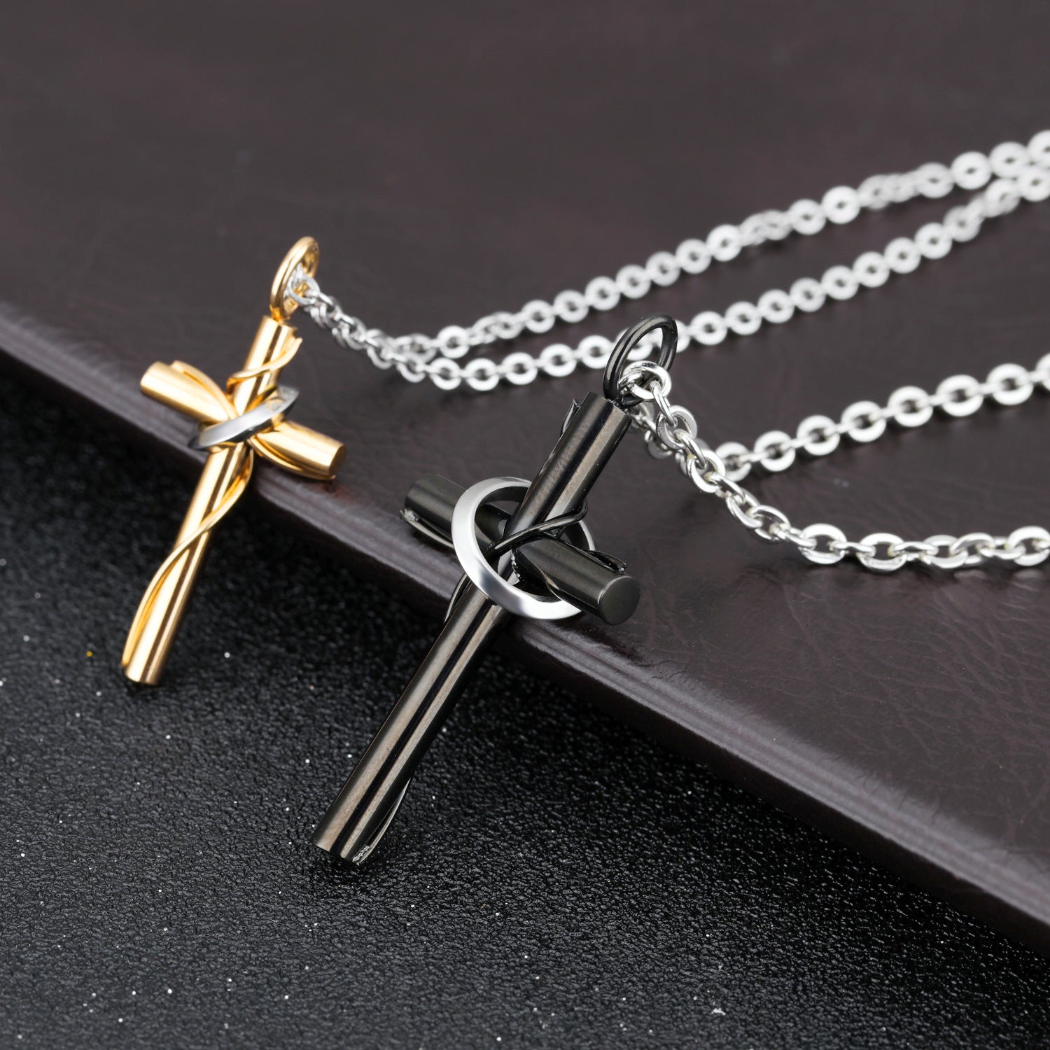 Stainless Steel Black Gold Cross Couple Necklace