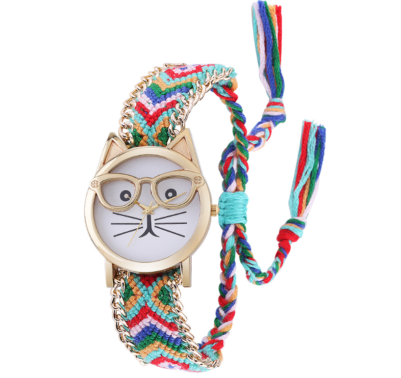 Knitted Yarn Bracelet Watch with Cute Cat Face Design