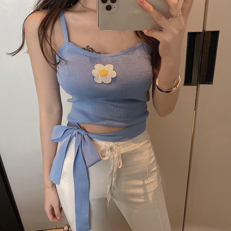 Korean Style Embroidered Crop Top with Tie Details