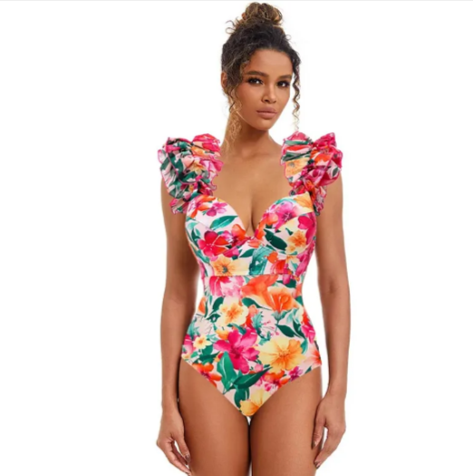 Floral Ruffle One-Piece Swimsuit and Maxi Skirt Set