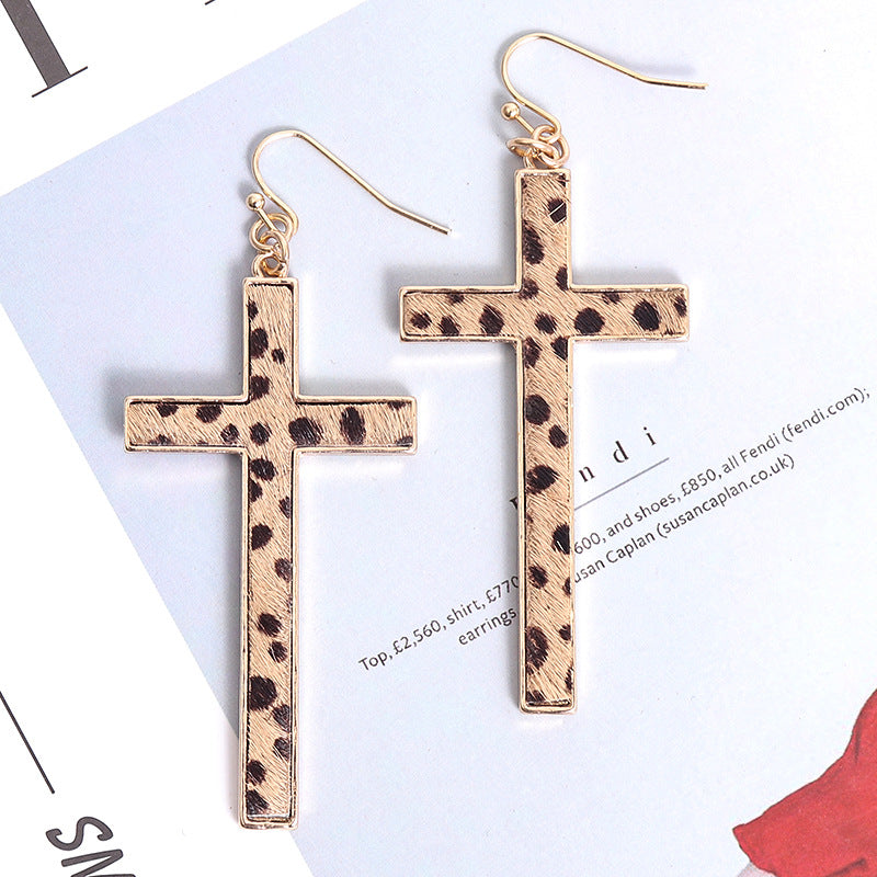 Fashionable Leopard Print Cross Earrings with Leather | Christian Jewelry
