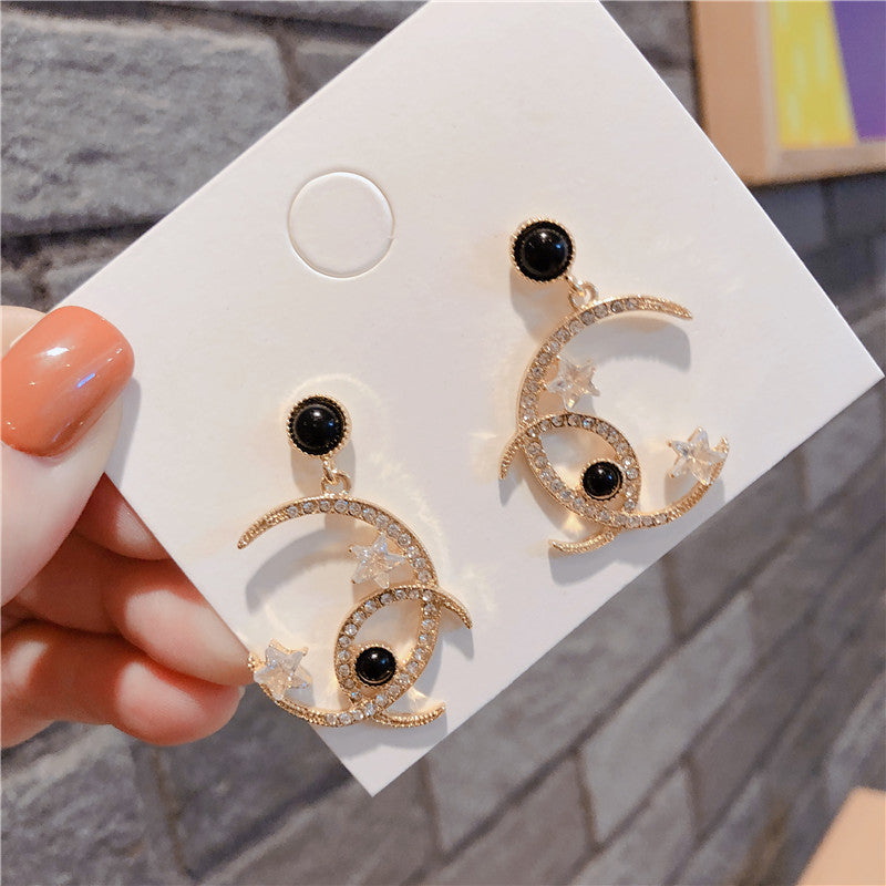 Korean Style Cross Moon Earrings with Silver Pins
