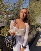 2019 Women's Long Sleeve Square Collar Lace Up Crop Top