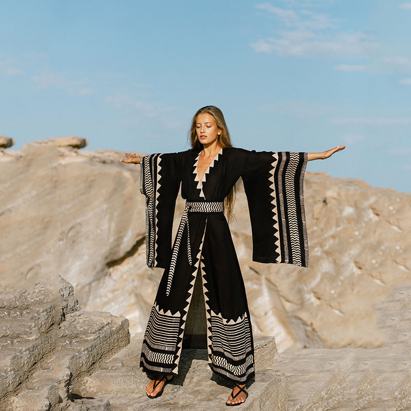 Botanical Print Long Kimono Beach Cover-Up